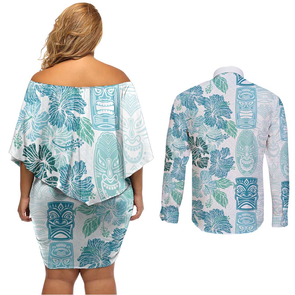 Christmas Aloha Hawaii Tiki Couples Matching Off Shoulder Short Dress and Long Sleeve Button Shirt Hibiscus Summer Colors - Polynesian Pride