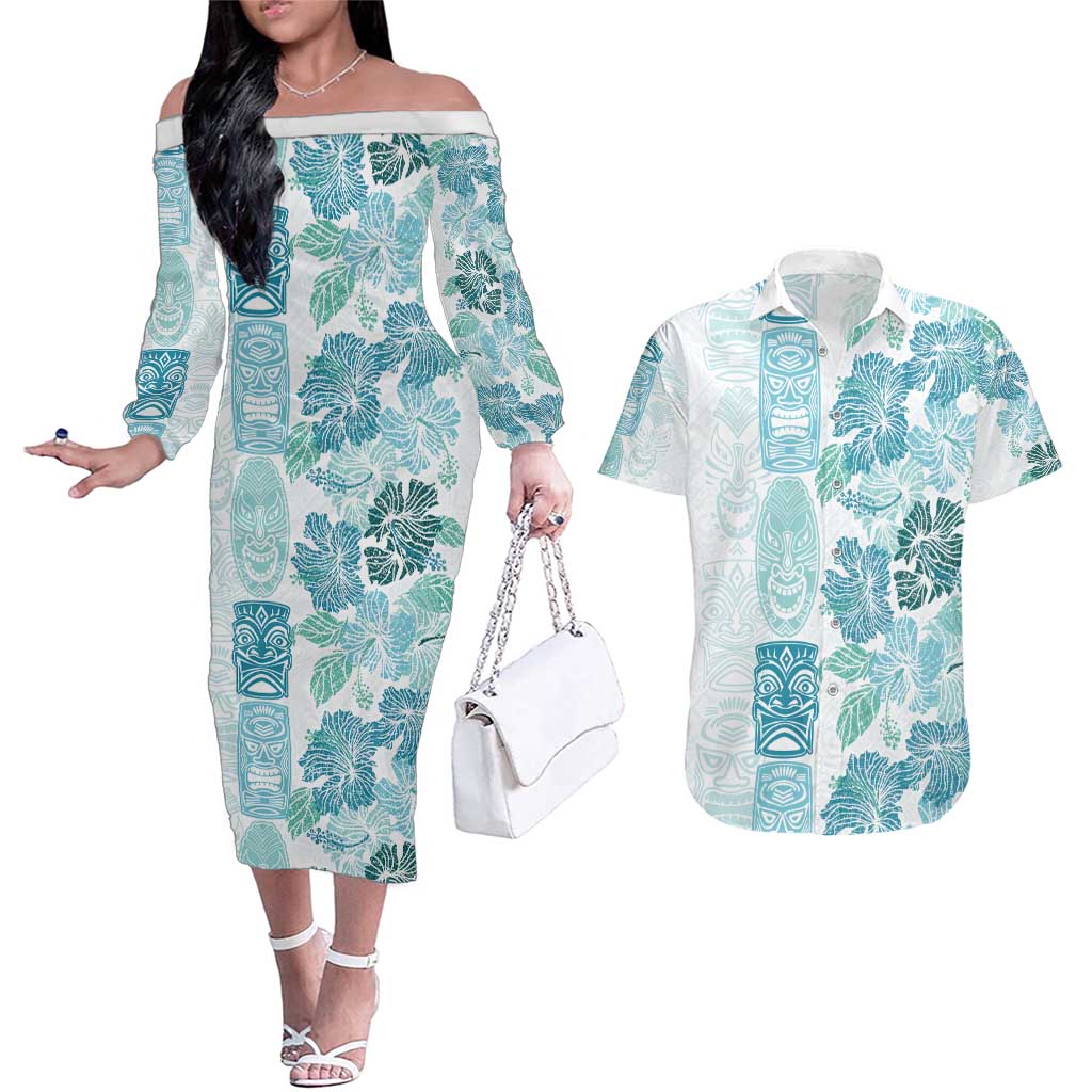 Christmas Aloha Hawaii Tiki Couples Matching Off The Shoulder Long Sleeve Dress and Hawaiian Shirt Hibiscus Summer Colors - Polynesian Pride