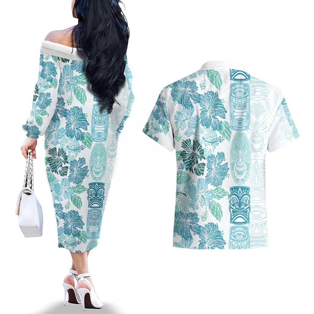 Christmas Aloha Hawaii Tiki Couples Matching Off The Shoulder Long Sleeve Dress and Hawaiian Shirt Hibiscus Summer Colors - Polynesian Pride