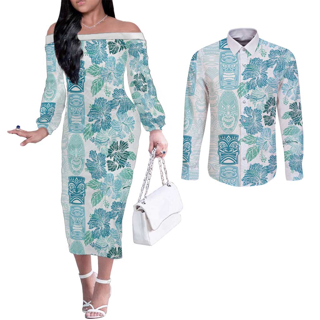 Christmas Aloha Hawaii Tiki Couples Matching Off The Shoulder Long Sleeve Dress and Long Sleeve Button Shirt Hibiscus Summer Colors - Polynesian Pride