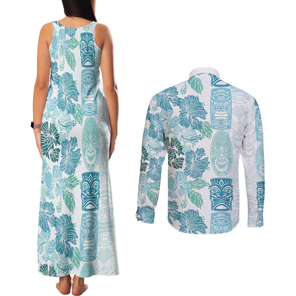Christmas Aloha Hawaii Tiki Couples Matching Tank Maxi Dress and Long Sleeve Button Shirt Hibiscus Summer Colors - Polynesian Pride