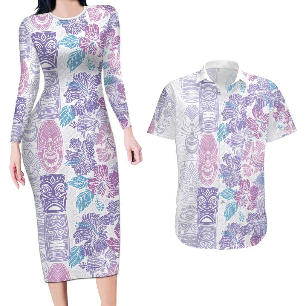 Christmas Aloha Hawaii Tiki Couples Matching Long Sleeve Bodycon Dress and Hawaiian Shirt Hibiscus Winter Colors - Polynesian Pride