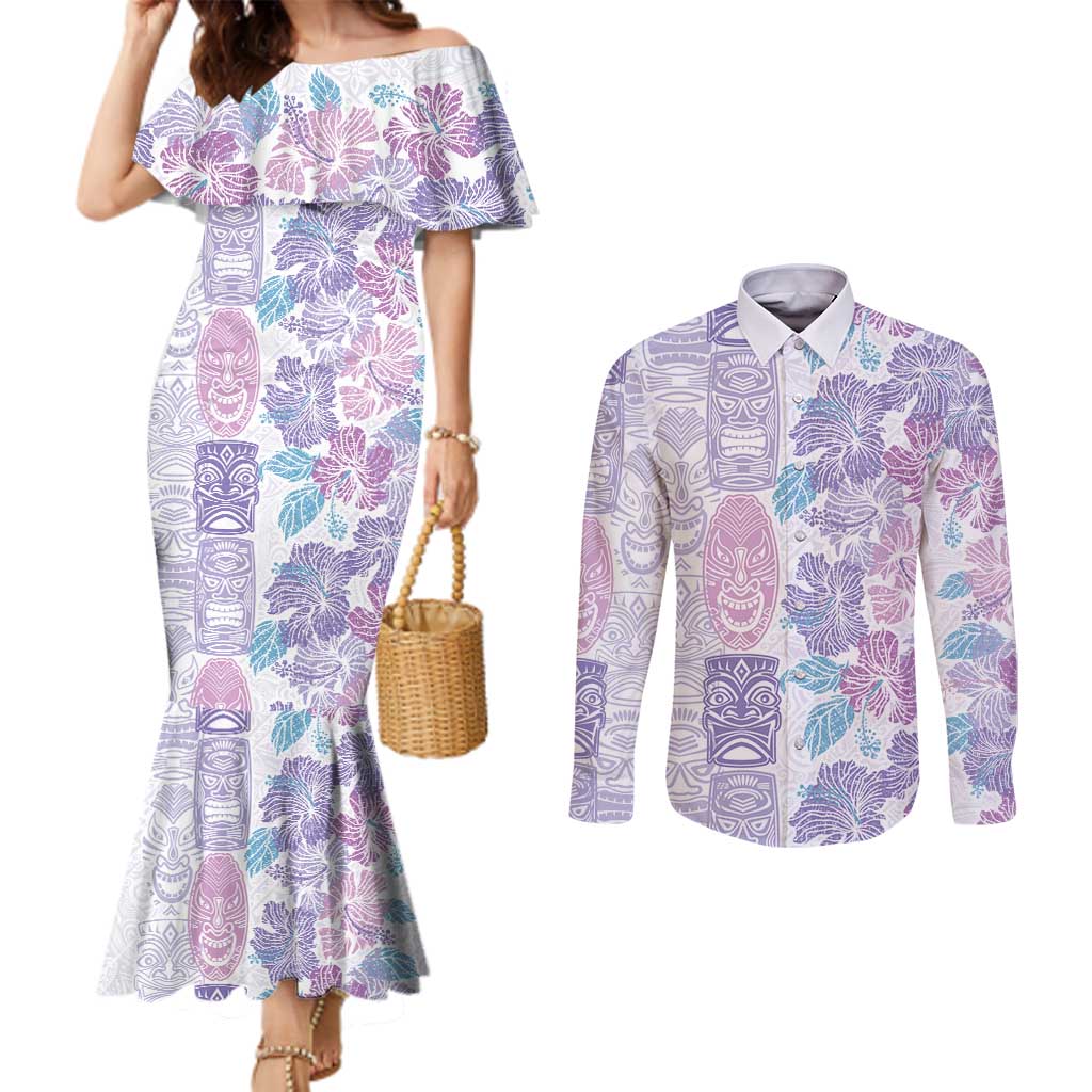 Christmas Aloha Hawaii Tiki Couples Matching Mermaid Dress and Long Sleeve Button Shirt Hibiscus Winter Colors - Polynesian Pride