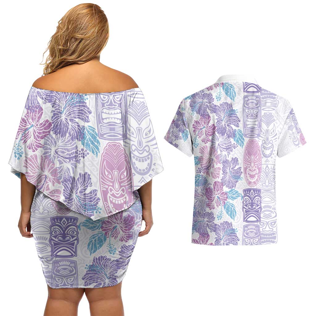 Christmas Aloha Hawaii Tiki Couples Matching Off Shoulder Short Dress and Hawaiian Shirt Hibiscus Winter Colors - Polynesian Pride