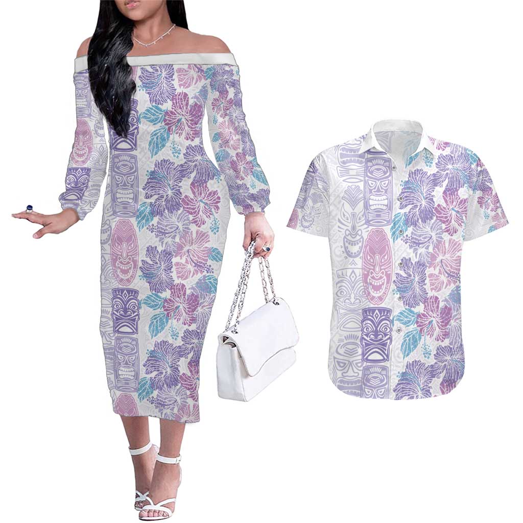 Christmas Aloha Hawaii Tiki Couples Matching Off The Shoulder Long Sleeve Dress and Hawaiian Shirt Hibiscus Winter Colors - Polynesian Pride