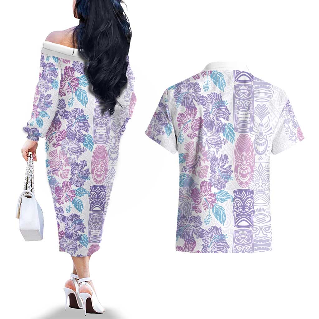 Christmas Aloha Hawaii Tiki Couples Matching Off The Shoulder Long Sleeve Dress and Hawaiian Shirt Hibiscus Winter Colors - Polynesian Pride