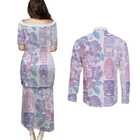 Christmas Aloha Hawaii Tiki Couples Matching Puletasi and Long Sleeve Button Shirt Hibiscus Winter Colors - Polynesian Pride