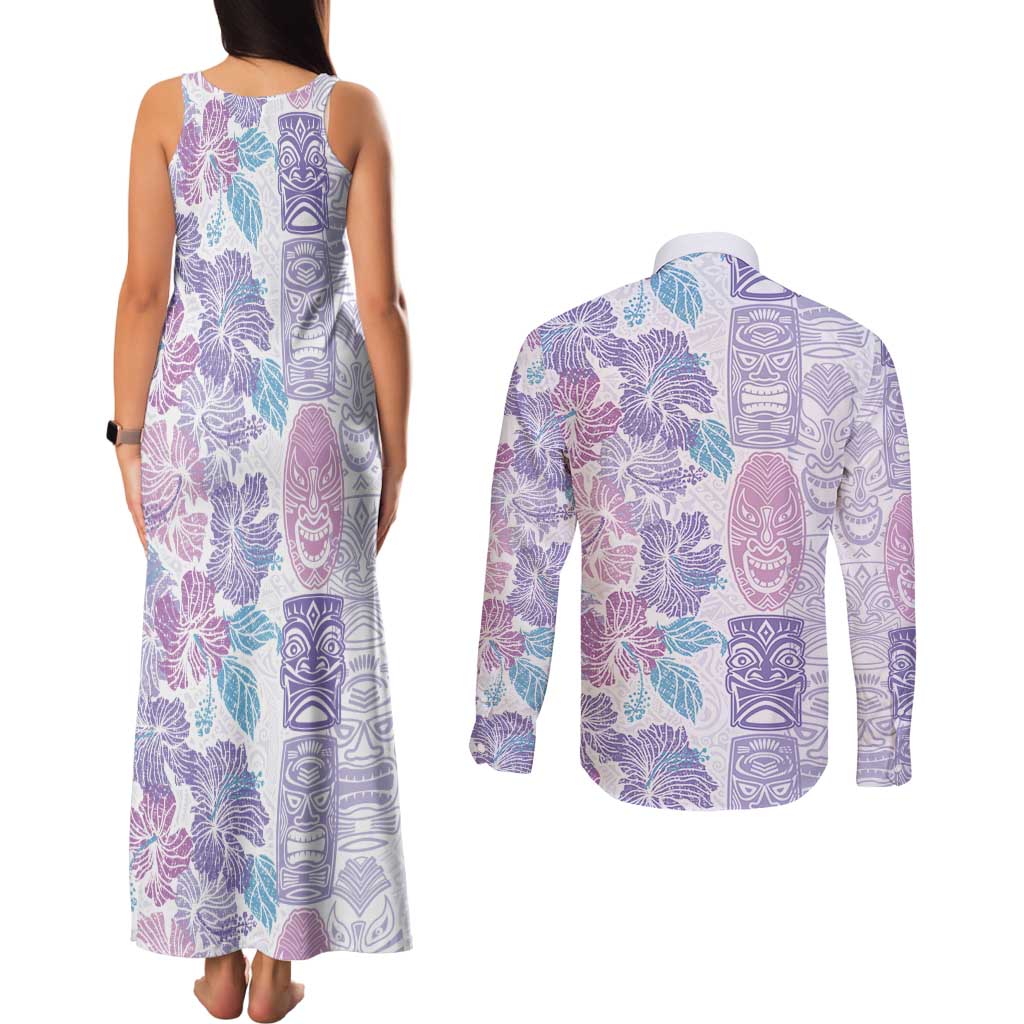 Christmas Aloha Hawaii Tiki Couples Matching Tank Maxi Dress and Long Sleeve Button Shirt Hibiscus Winter Colors - Polynesian Pride