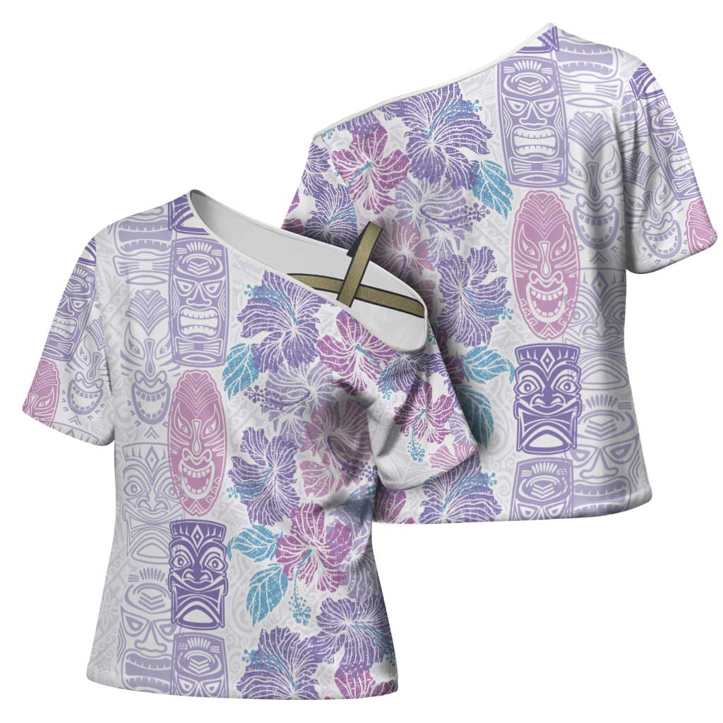 Christmas Aloha Hawaii Tiki Cross Shoulder Shirt Hibiscus Winter Colors - Polynesian Pride