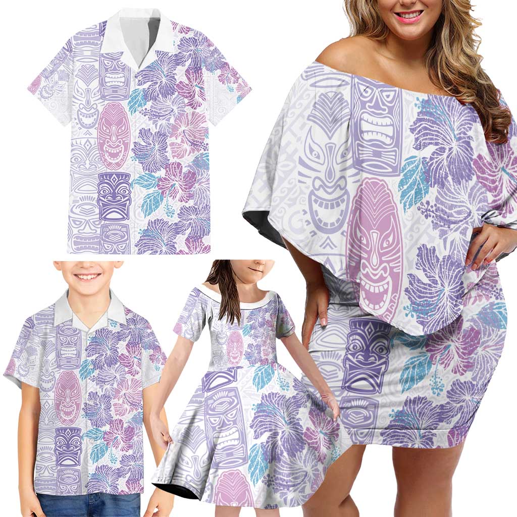 Christmas Aloha Hawaii Tiki Family Matching Off Shoulder Short Dress and Hawaiian Shirt Hibiscus Winter Colors - Polynesian Pride
