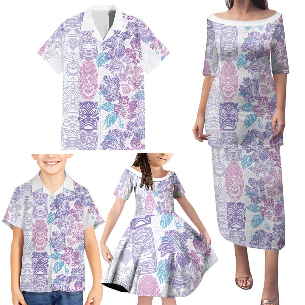 Christmas Aloha Hawaii Tiki Family Matching Puletasi and Hawaiian Shirt Hibiscus Winter Colors - Polynesian Pride