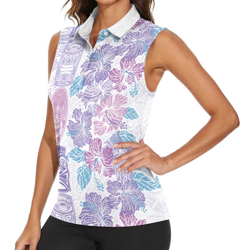 Christmas Aloha Hawaii Tiki Women Sleeveless Polo Shirt Hibiscus Winter Colors - Polynesian Pride