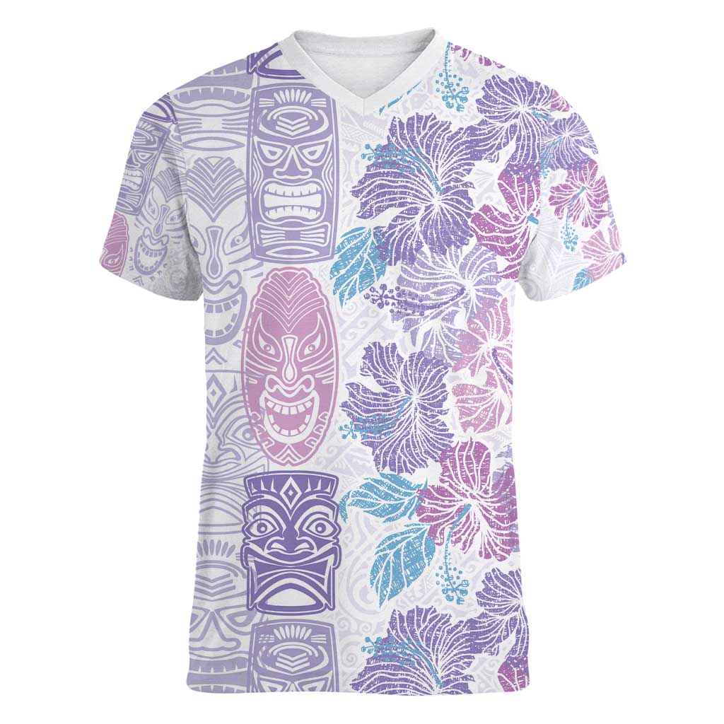 Christmas Aloha Hawaii Tiki Women V-Neck T-Shirt Hibiscus Winter Colors - Polynesian Pride