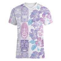 Christmas Aloha Hawaii Tiki Women V-Neck T-Shirt Hibiscus Winter Colors LT7 Female Lavender - Polynesian Pride