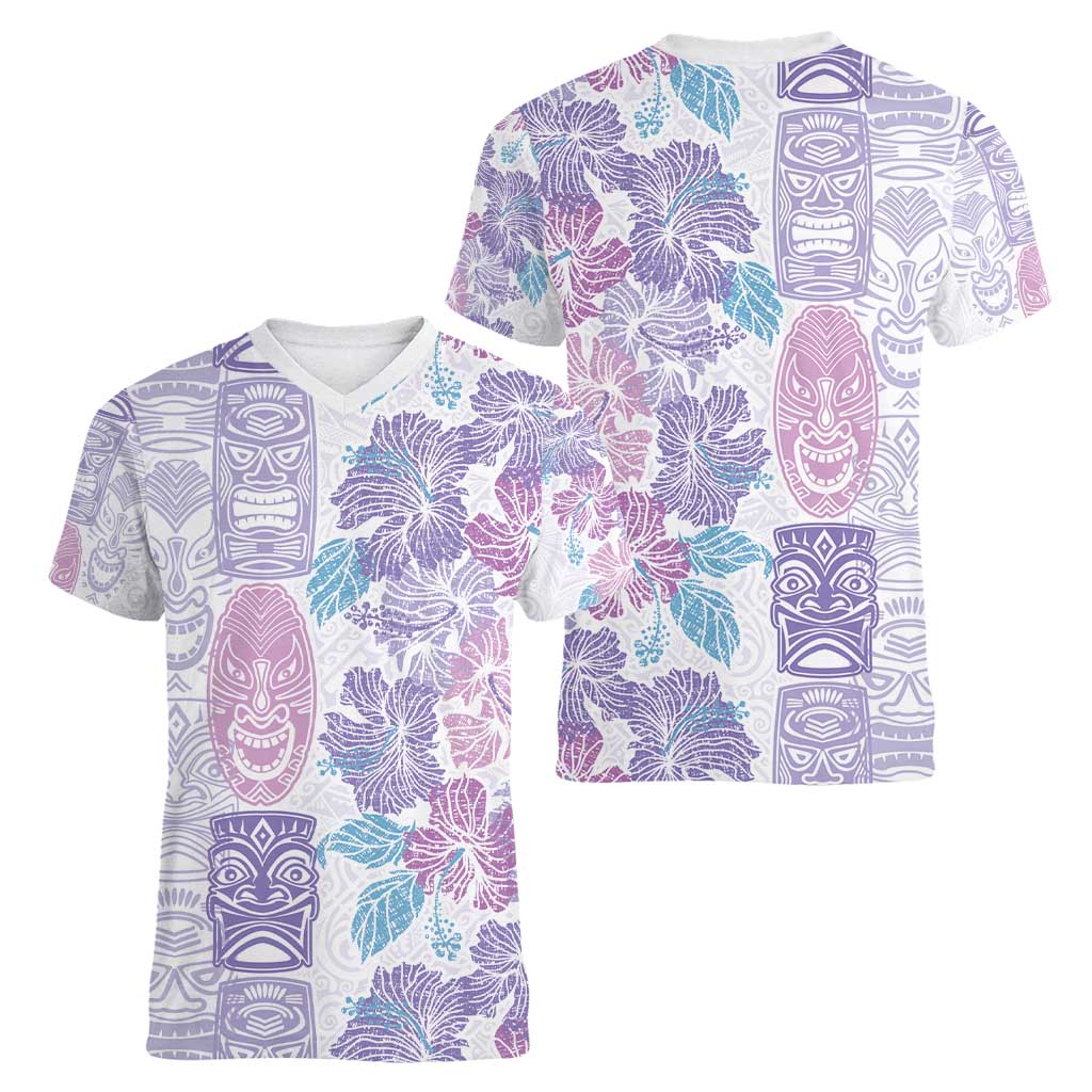 Christmas Aloha Hawaii Tiki Women V-Neck T-Shirt Hibiscus Winter Colors LT7 - Polynesian Pride
