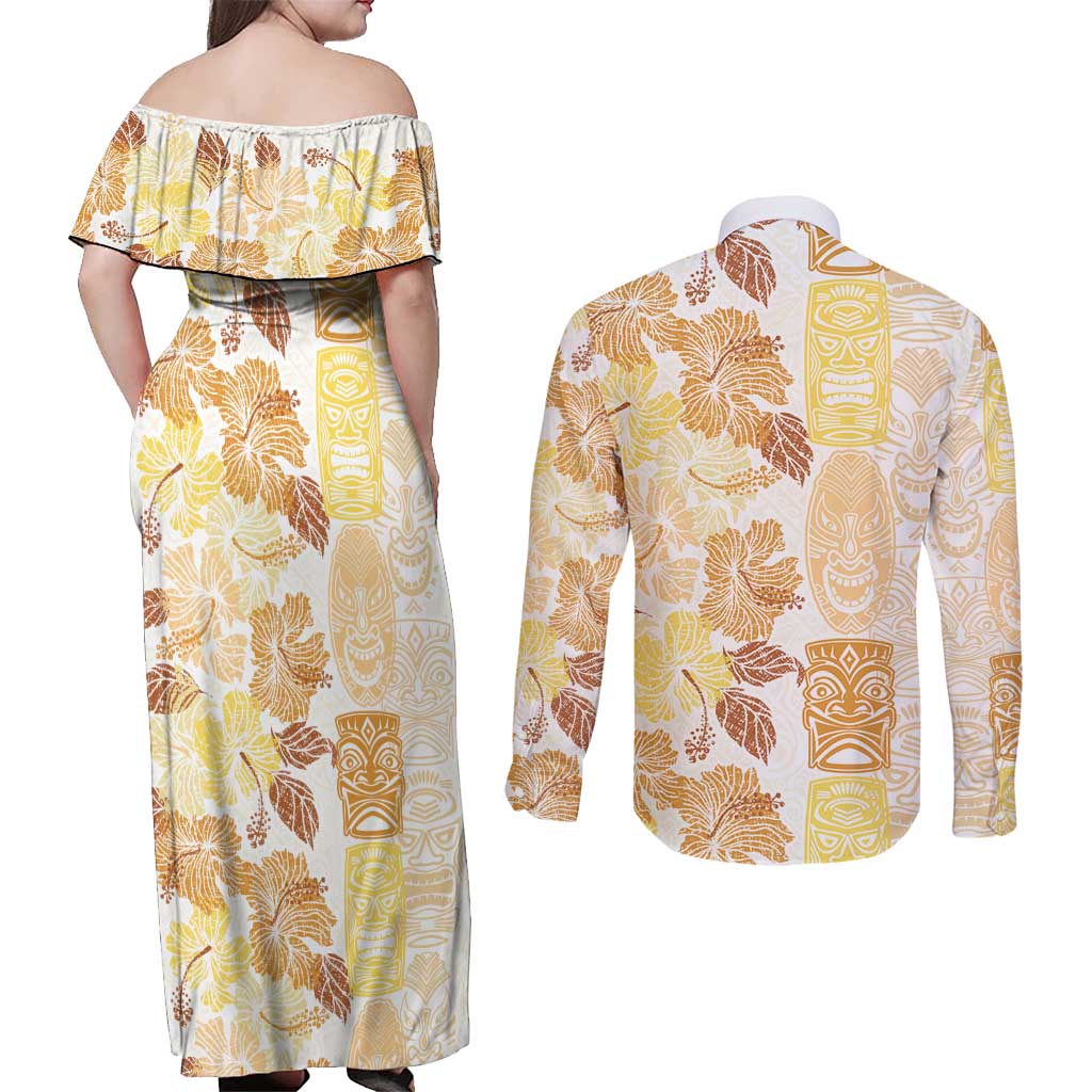 Christmas Aloha Hawaii Tiki Couples Matching Off Shoulder Maxi Dress and Long Sleeve Button Shirt Hibiscus Autumn Colors - Polynesian Pride