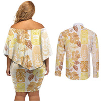 Christmas Aloha Hawaii Tiki Couples Matching Off Shoulder Short Dress and Long Sleeve Button Shirt Hibiscus Autumn Colors - Polynesian Pride