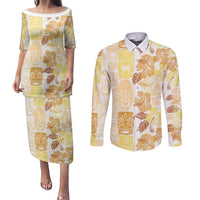 Christmas Aloha Hawaii Tiki Couples Matching Puletasi and Long Sleeve Button Shirt Hibiscus Autumn Colors - Polynesian Pride