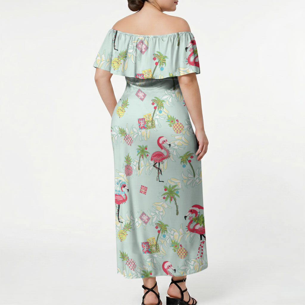 Aloha Hawaii Christmas Seamless Off Shoulder Maxi Dress Plumeria Lei LT7 - Polynesian Pride