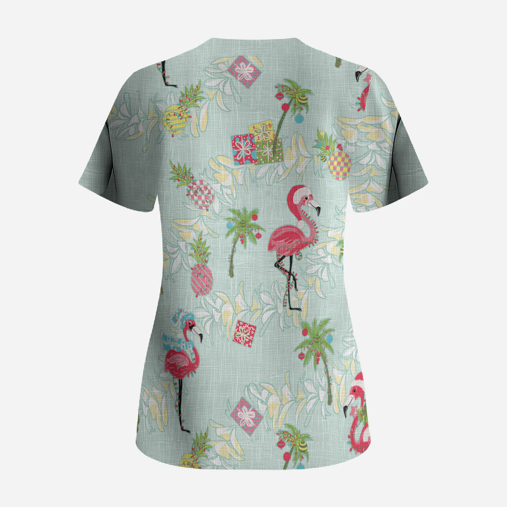 Aloha Hawaii Christmas Seamless Scrub Top Plumeria Lei
