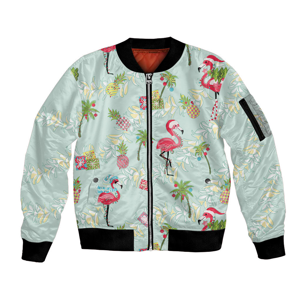 Aloha Hawaii Christmas Seamless Sleeve Zip Bomber Jacket Plumeria Lei