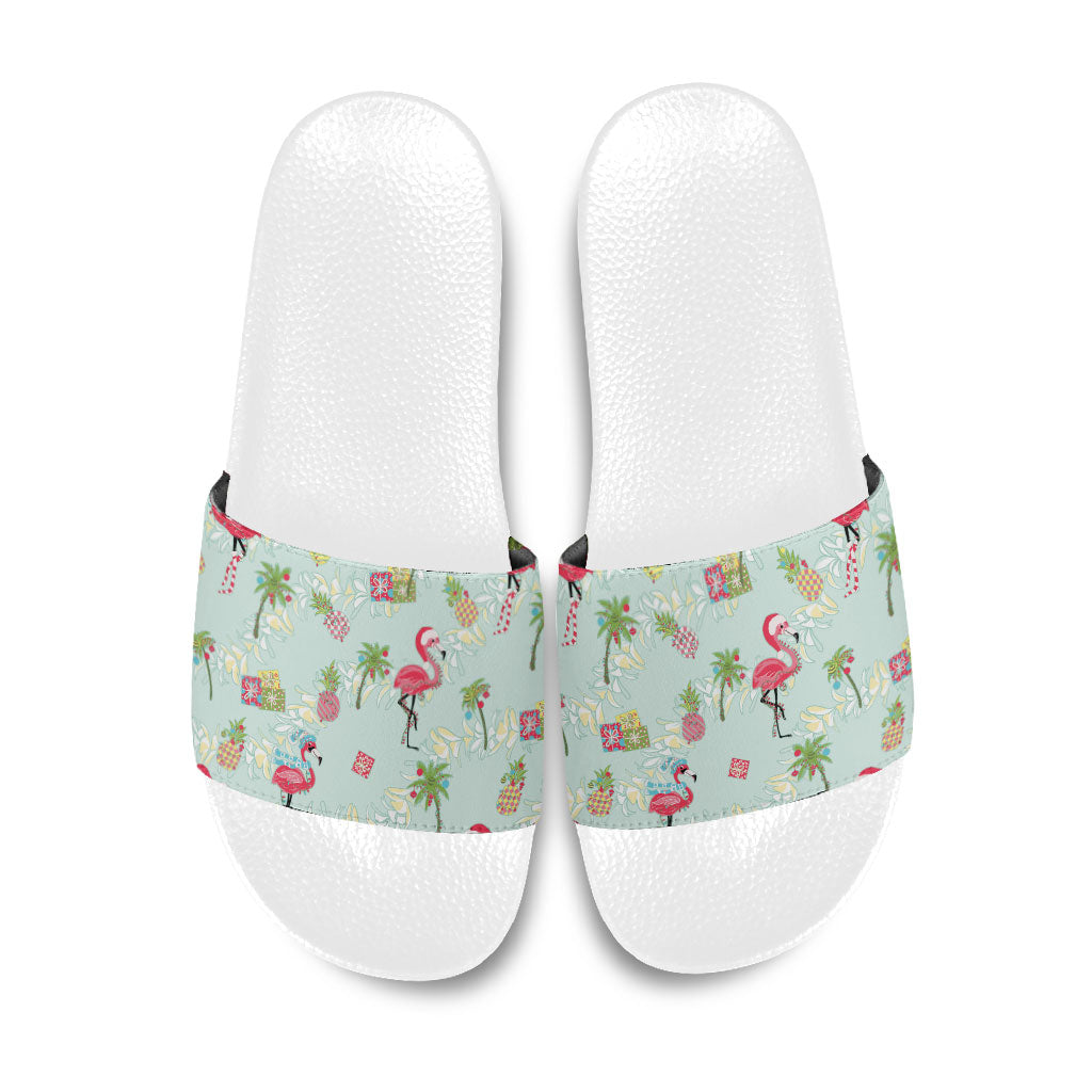 Aloha Hawaii Christmas Seamless Slide Sandals Plumeria Lei