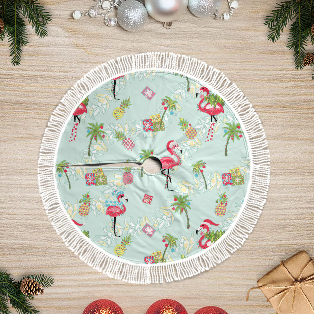 Aloha Hawaii Christmas Seamless Tree Skirt Plumeria Lei