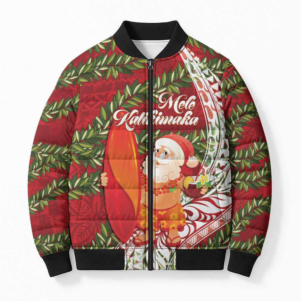 Mele Kalikimaka Hawaii Christmas Maile Lei Bomber Puffer Jacket Tropical Santa LT7 Unisex Red - Polynesian Pride