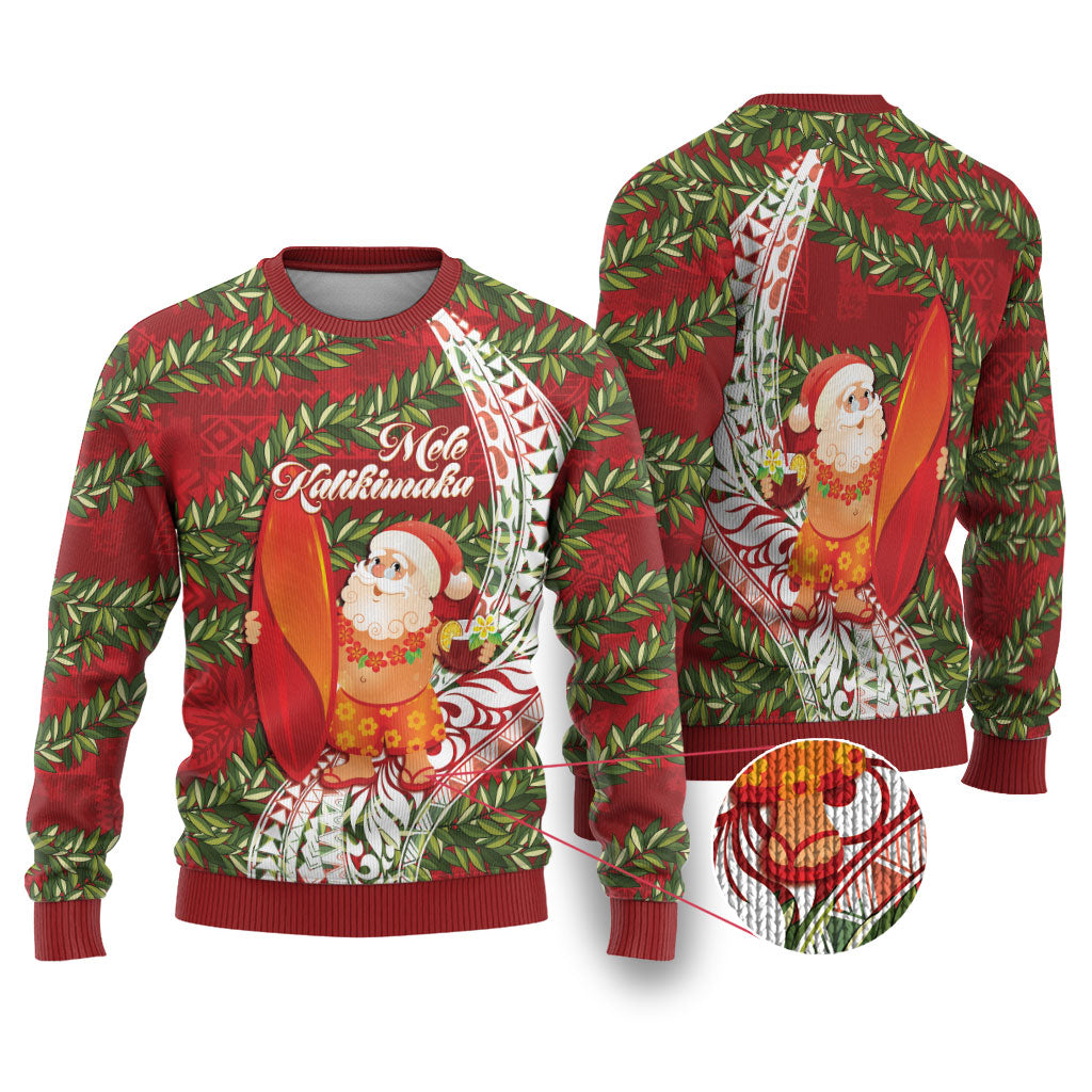 Mele Kalikimaka Hawaii Christmas Maile Lei Ugly Christmas Sweater Tropical Santa LT7 Red - Polynesian Pride