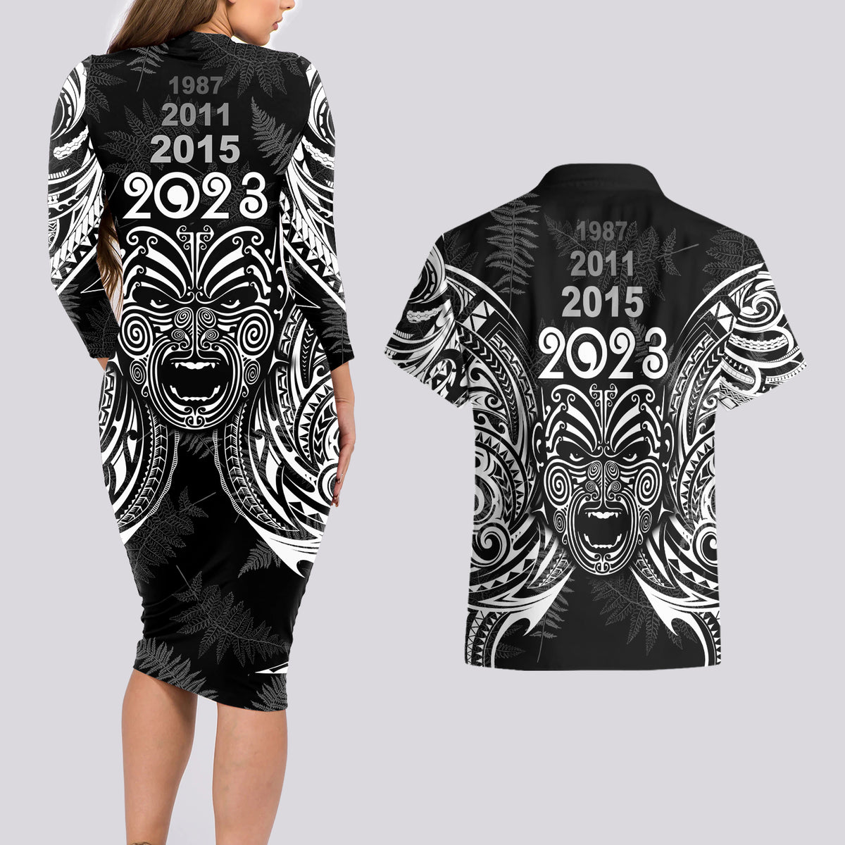 Custom New Zealand Rugby Couples Matching Long Sleeve Bodycon Dress and Hawaiian Shirt 2023 World Cup Aotearoa Haka Face LT7 - Polynesian Pride