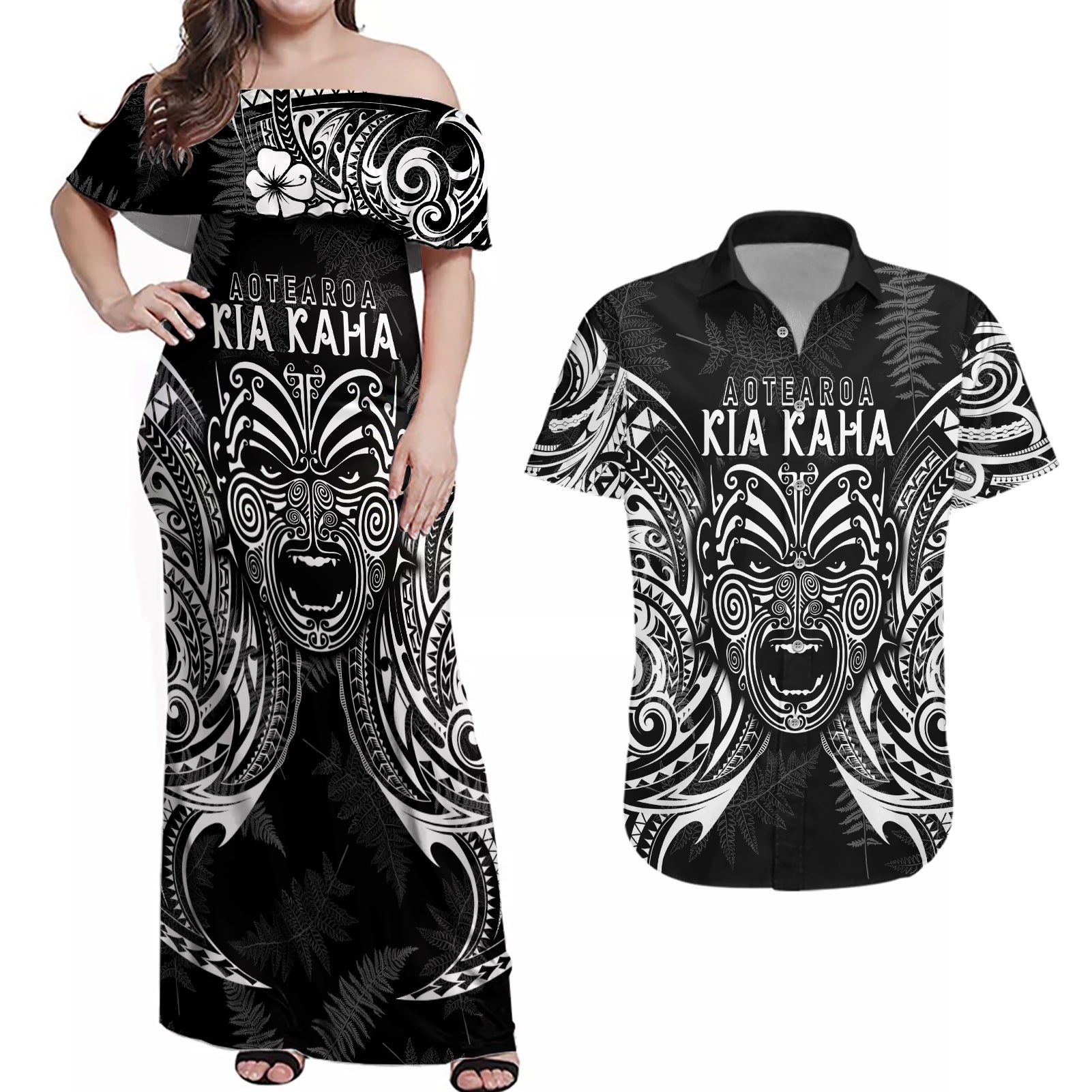 Custom New Zealand Rugby Couples Matching Off Shoulder Maxi Dress and Hawaiian Shirt 2023 World Cup Aotearoa Haka Face LT7 Black - Polynesian Pride