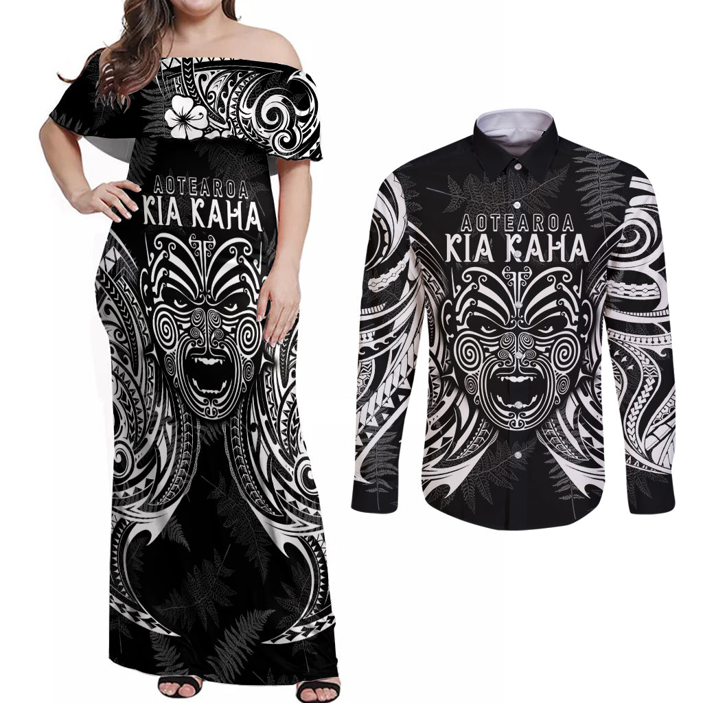 New Zealand Rugby Couples Matching Off Shoulder Maxi Dress and Long Sleeve Button Shirt 2023 World Cup Aotearoa Haka Face LT7 Black - Polynesian Pride