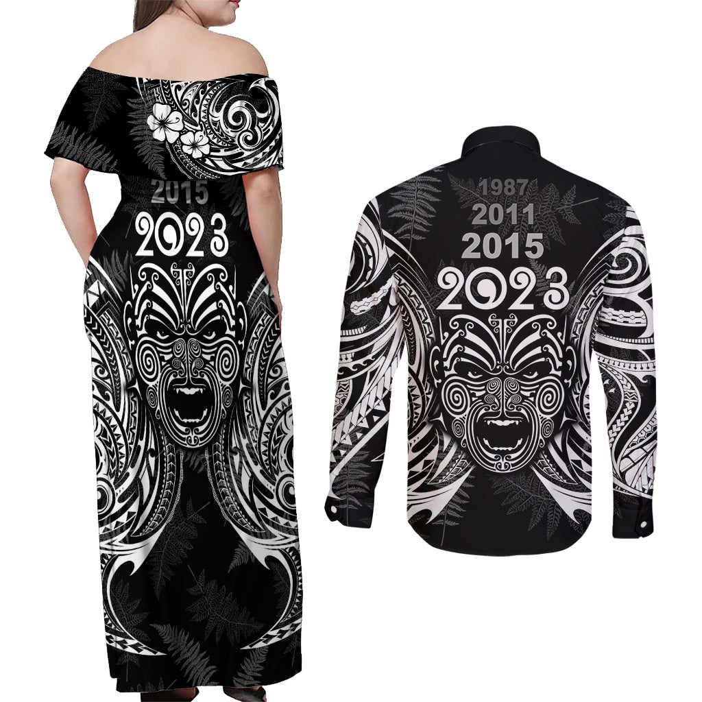 New Zealand Rugby Couples Matching Off Shoulder Maxi Dress and Long Sleeve Button Shirt 2023 World Cup Aotearoa Haka Face LT7 - Polynesian Pride