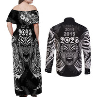 New Zealand Rugby Couples Matching Off Shoulder Maxi Dress and Long Sleeve Button Shirt 2023 World Cup Aotearoa Haka Face LT7 - Polynesian Pride