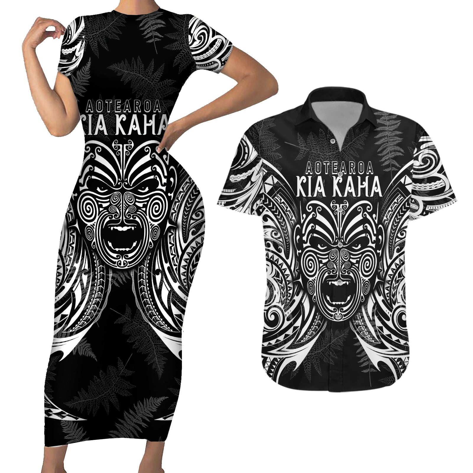 Custom New Zealand Rugby Couples Matching Short Sleeve Bodycon Dress and Hawaiian Shirt 2023 World Cup Aotearoa Haka Face LT7 Black - Polynesian Pride