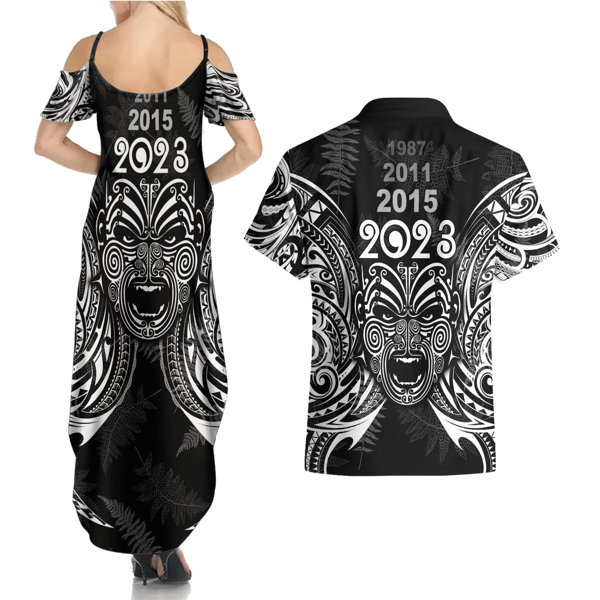 Custom New Zealand Rugby Couples Matching Summer Maxi Dress and Hawaiian Shirt 2023 World Cup Aotearoa Haka Face LT7 - Polynesian Pride