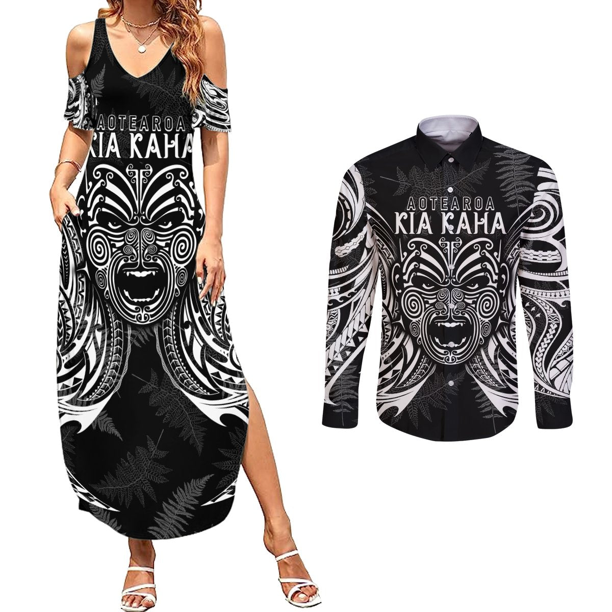 New Zealand Rugby Couples Matching Summer Maxi Dress and Long Sleeve Button Shirt 2023 World Cup Aotearoa Haka Face LT7 Black - Polynesian Pride