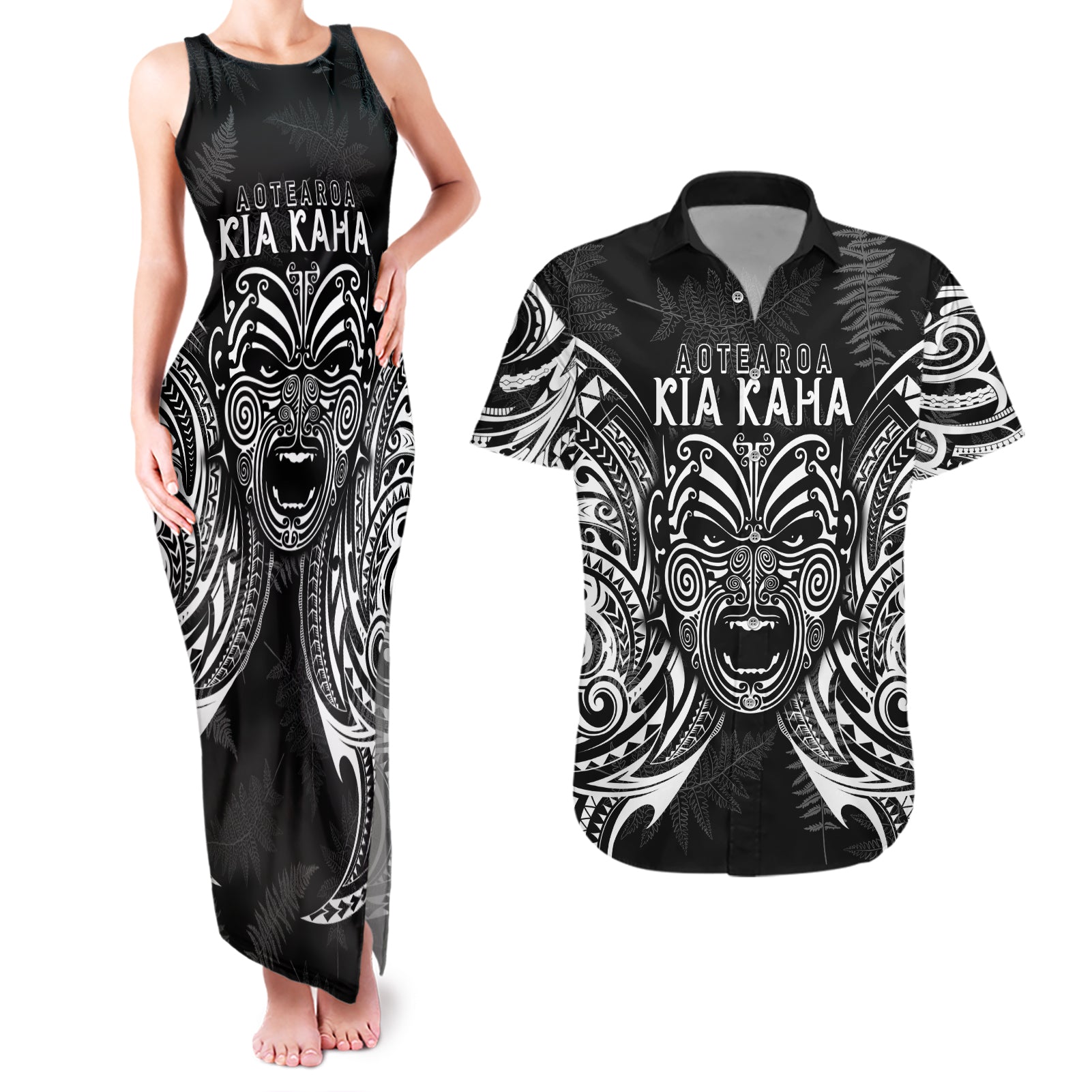 Custom New Zealand Rugby Couples Matching Tank Maxi Dress and Hawaiian Shirt 2023 World Cup Aotearoa Haka Face LT7 Black - Polynesian Pride