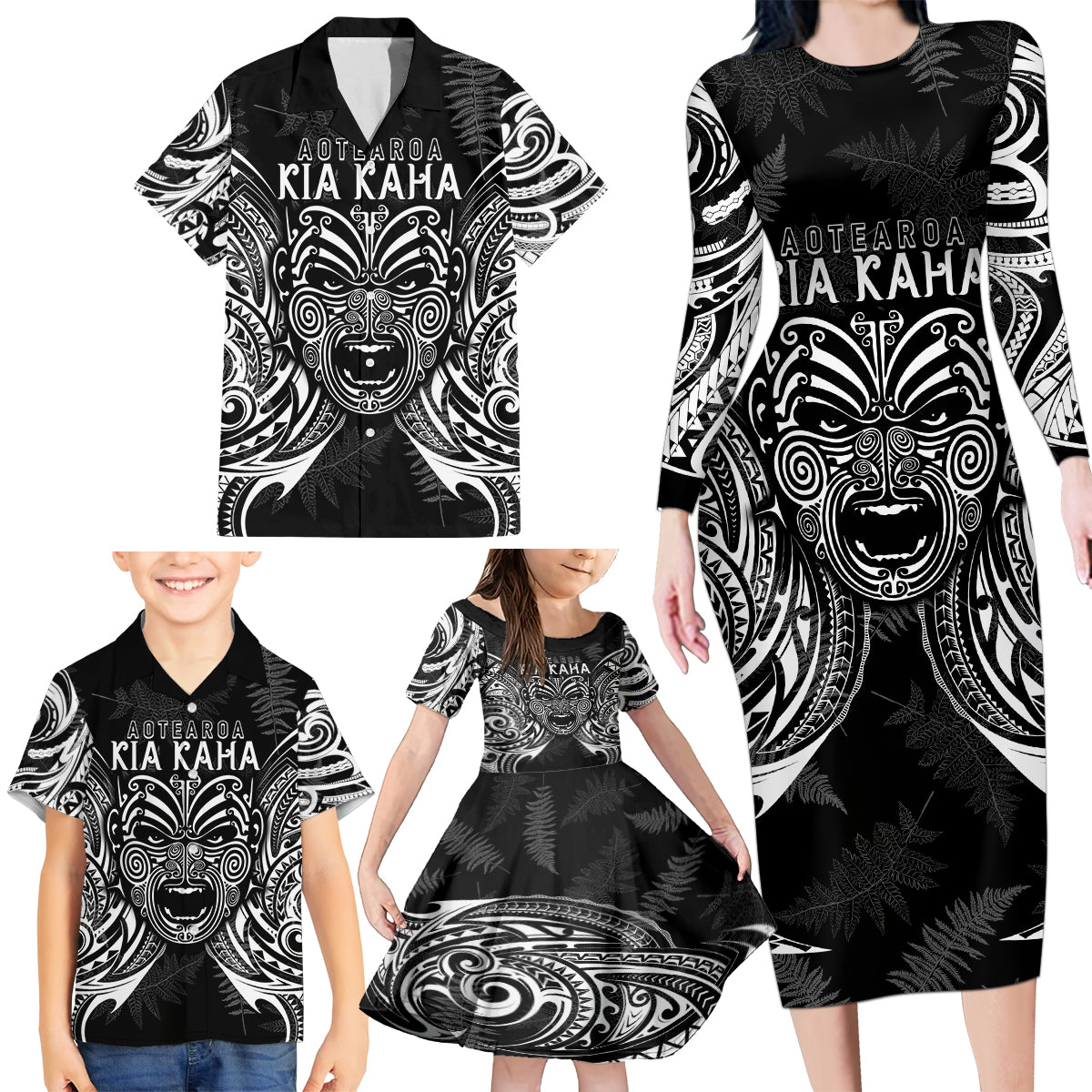 Custom New Zealand Rugby Family Matching Long Sleeve Bodycon Dress and Hawaiian Shirt 2023 World Cup Aotearoa Haka Face LT7 - Polynesian Pride