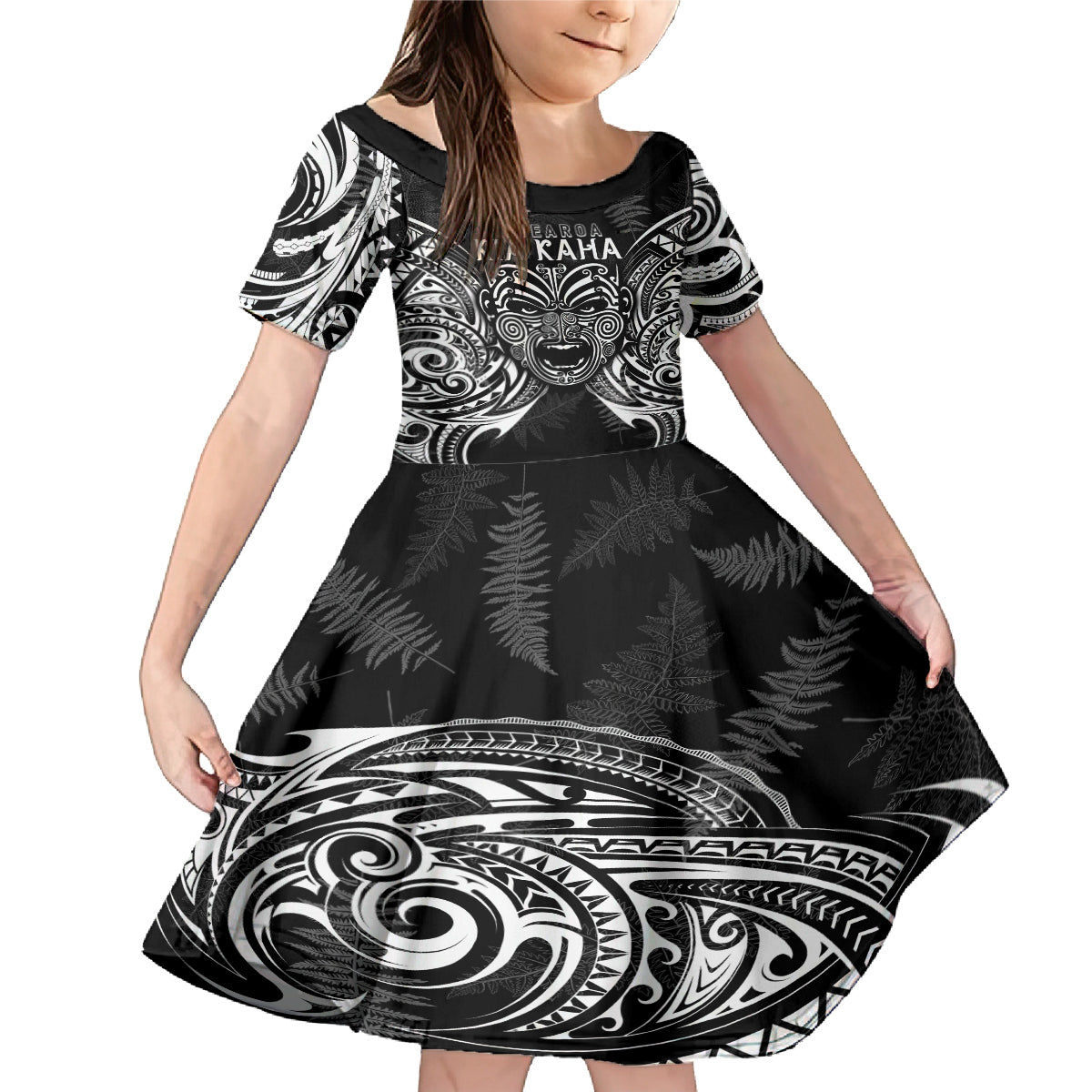 New Zealand Rugby Family Matching Mermaid Dress and Hawaiian Shirt 2023 World Cup Aotearoa Haka Face LT7 Daughter's Dress Black - Polynesian Pride
