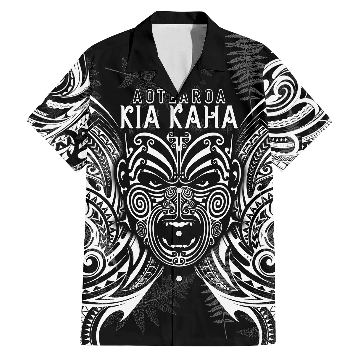 New Zealand Rugby Family Matching Mermaid Dress and Hawaiian Shirt 2023 World Cup Aotearoa Haka Face LT7 Dad's Shirt - Short Sleeve Black - Polynesian Pride