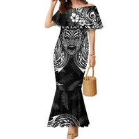 New Zealand Rugby Family Matching Mermaid Dress and Hawaiian Shirt 2023 World Cup Aotearoa Haka Face LT7 Mom's Dress Black - Polynesian Pride