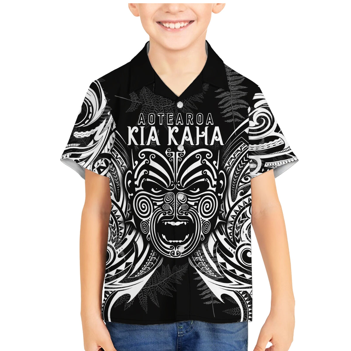 New Zealand Rugby Family Matching Mermaid Dress and Hawaiian Shirt 2023 World Cup Aotearoa Haka Face LT7 Son's Shirt Black - Polynesian Pride