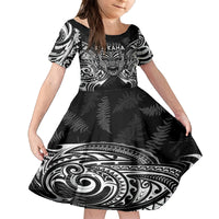 New Zealand Rugby Family Matching Off Shoulder Maxi Dress and Hawaiian Shirt 2023 World Cup Aotearoa Haka Face LT7 Daughter's Dress Black - Polynesian Pride