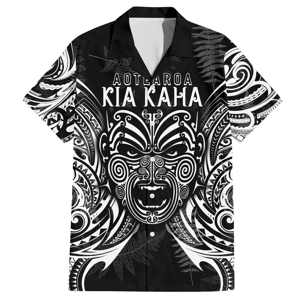 New Zealand Rugby Family Matching Off Shoulder Maxi Dress and Hawaiian Shirt 2023 World Cup Aotearoa Haka Face LT7 Dad's Shirt - Short Sleeve Black - Polynesian Pride