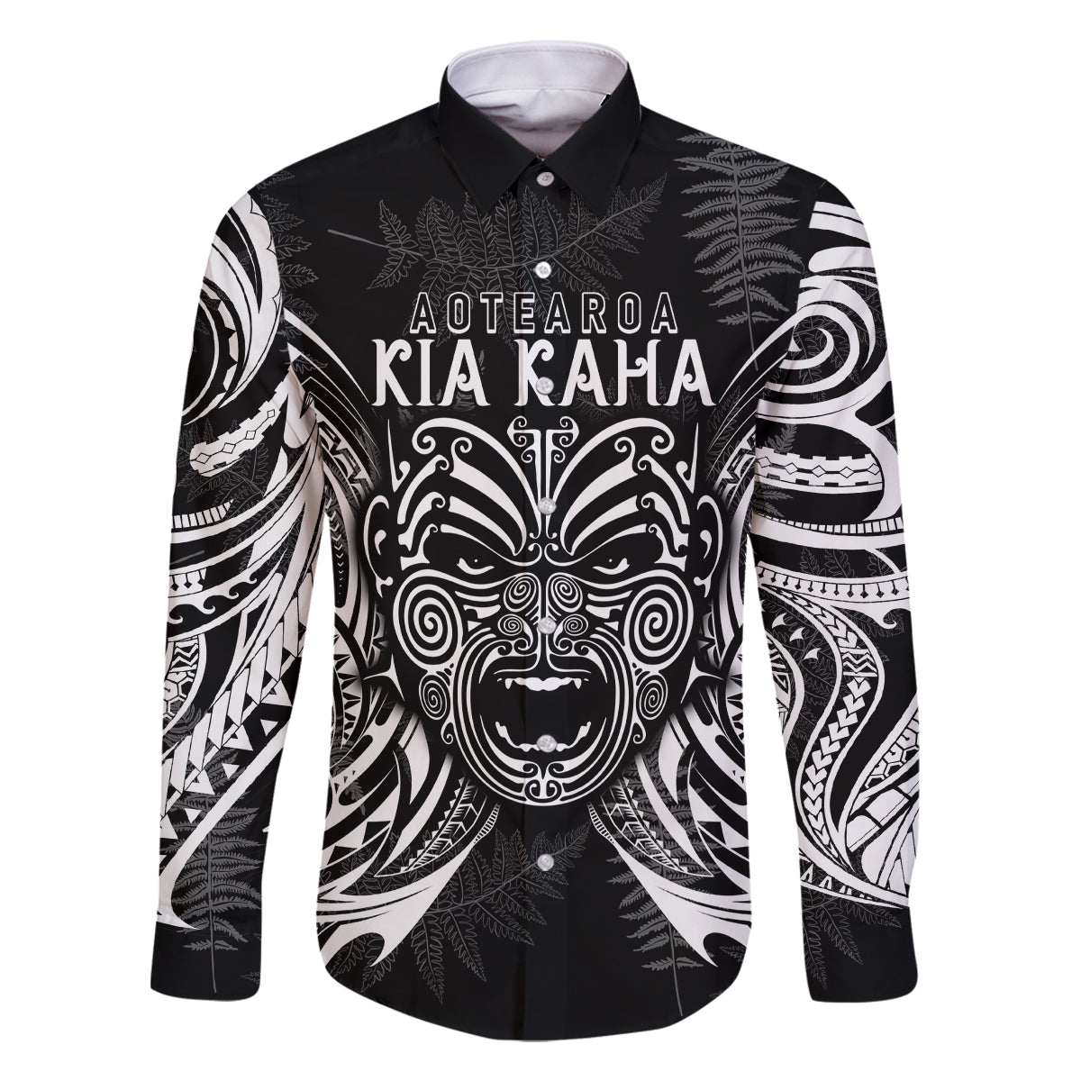 New Zealand Rugby Family Matching Off Shoulder Short Dress and Hawaiian Shirt 2023 World Cup Aotearoa Haka Face LT7 Dad's Shirt - Long Sleeve Black - Polynesian Pride
