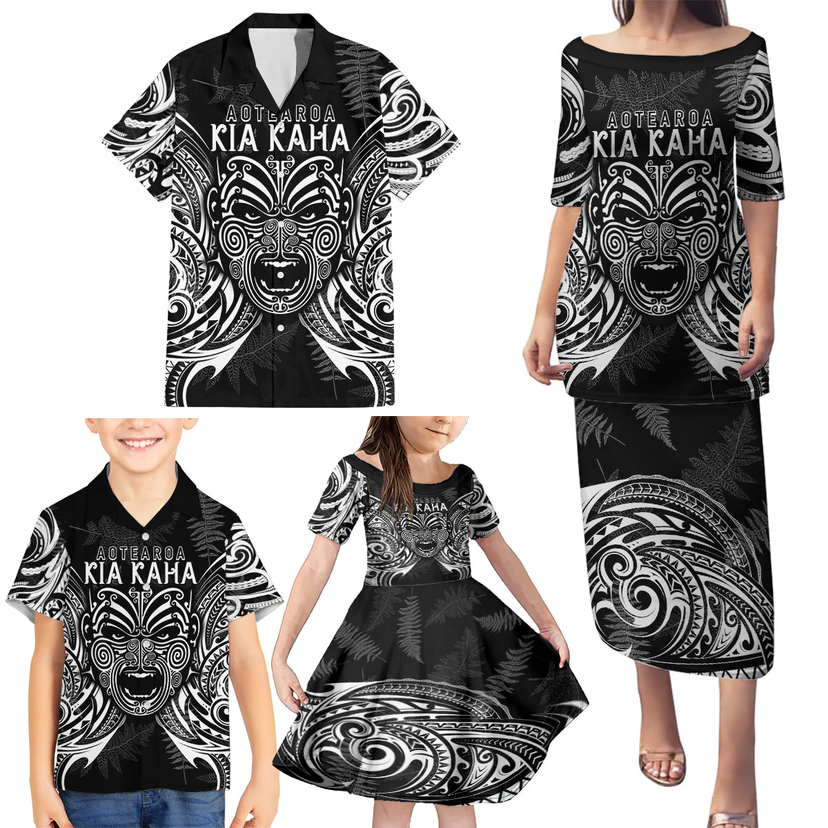 New Zealand Rugby Family Matching Puletasi Dress and Hawaiian Shirt 2023 World Cup Aotearoa Haka Face LT7 - Polynesian Pride