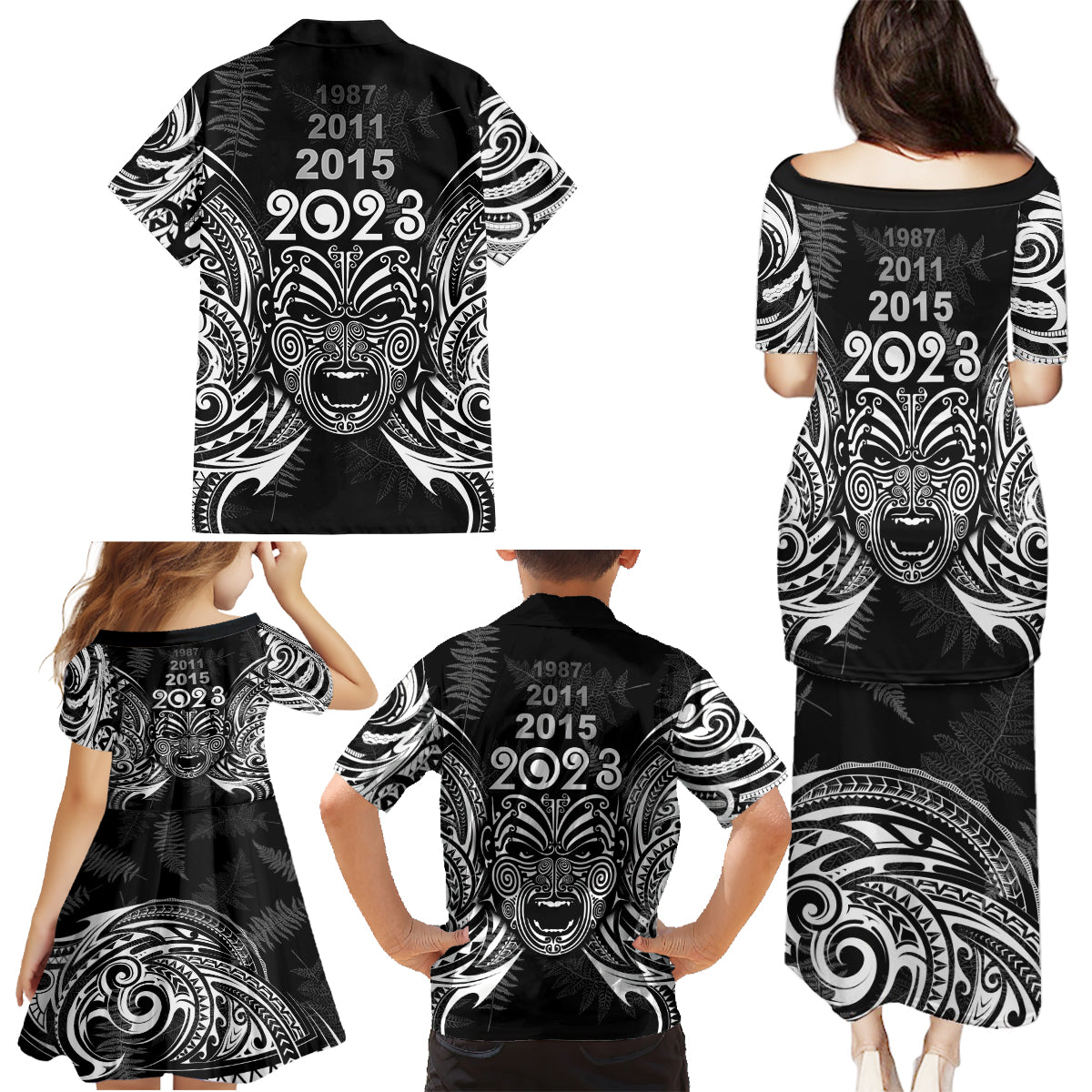 New Zealand Rugby Family Matching Puletasi Dress and Hawaiian Shirt 2023 World Cup Aotearoa Haka Face LT7 - Polynesian Pride