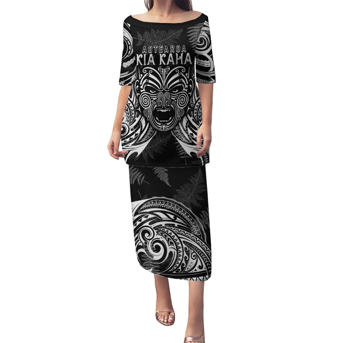 New Zealand Rugby Family Matching Puletasi Dress and Hawaiian Shirt 2023 World Cup Aotearoa Haka Face LT7 Mom's Dress Black - Polynesian Pride