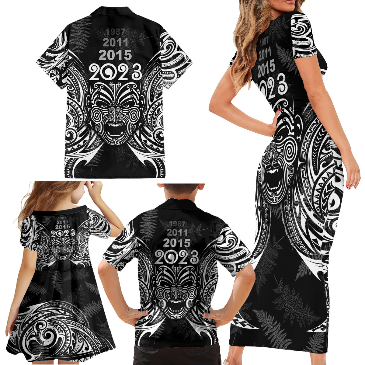 New Zealand Rugby Family Matching Short Sleeve Bodycon Dress and Hawaiian Shirt 2023 World Cup Aotearoa Haka Face LT7 - Polynesian Pride